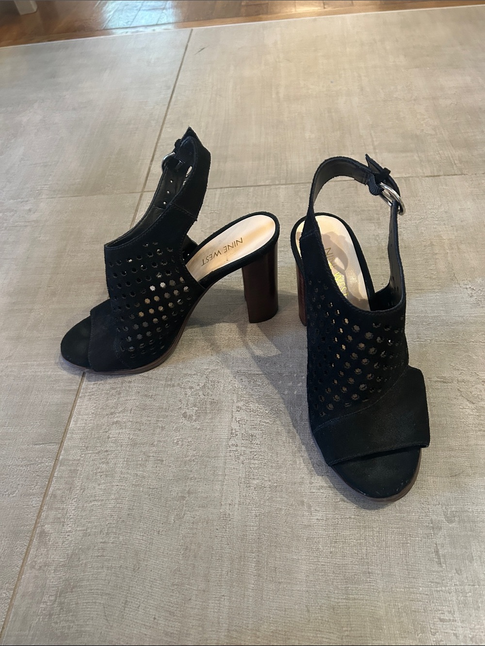 Nine West Black Perforated Suede Slingback Block Heels